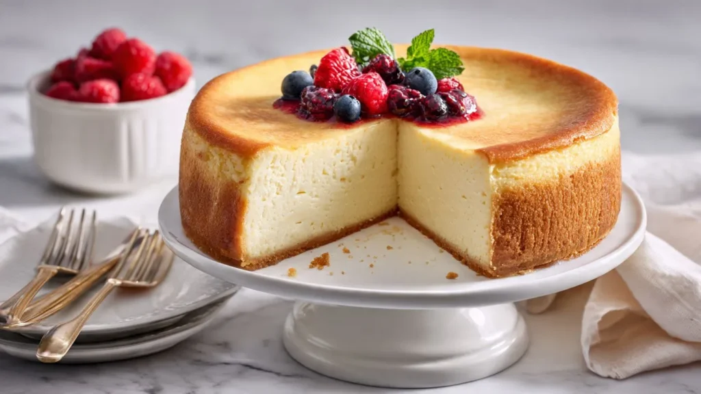 Klassischer New-York-Style Käsekuchen auf Kuchenständer, cremig gelb, mit Beerenkompott garniert, ein Stück herausgeschnitten zeigt die samtweiche Konsistenz