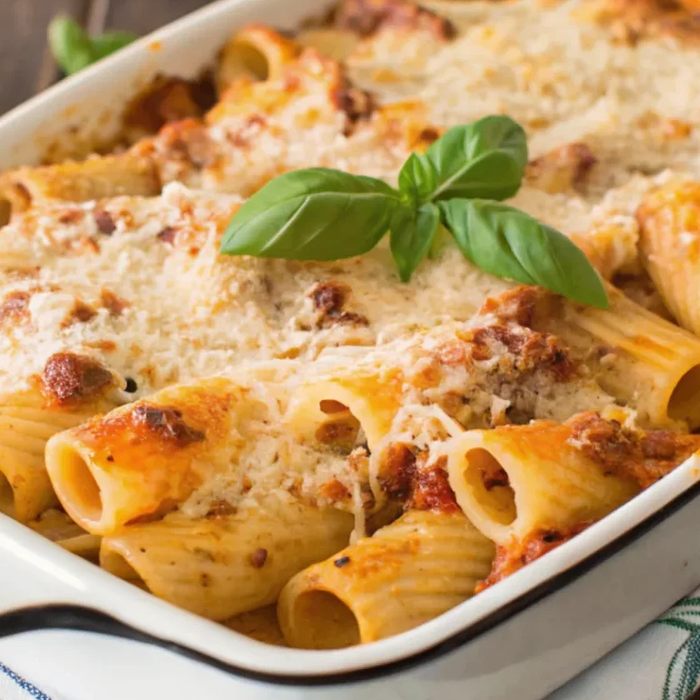 Rigatoni al forno im Ofen gebacken mit Tomatensauce, Käse und frischem Basilikum