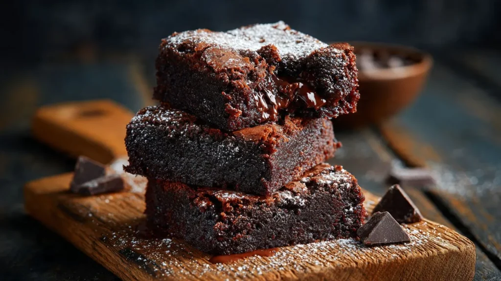 Gestapelte Schokoladen-Brownies mit Puderzucker auf Holzbrett