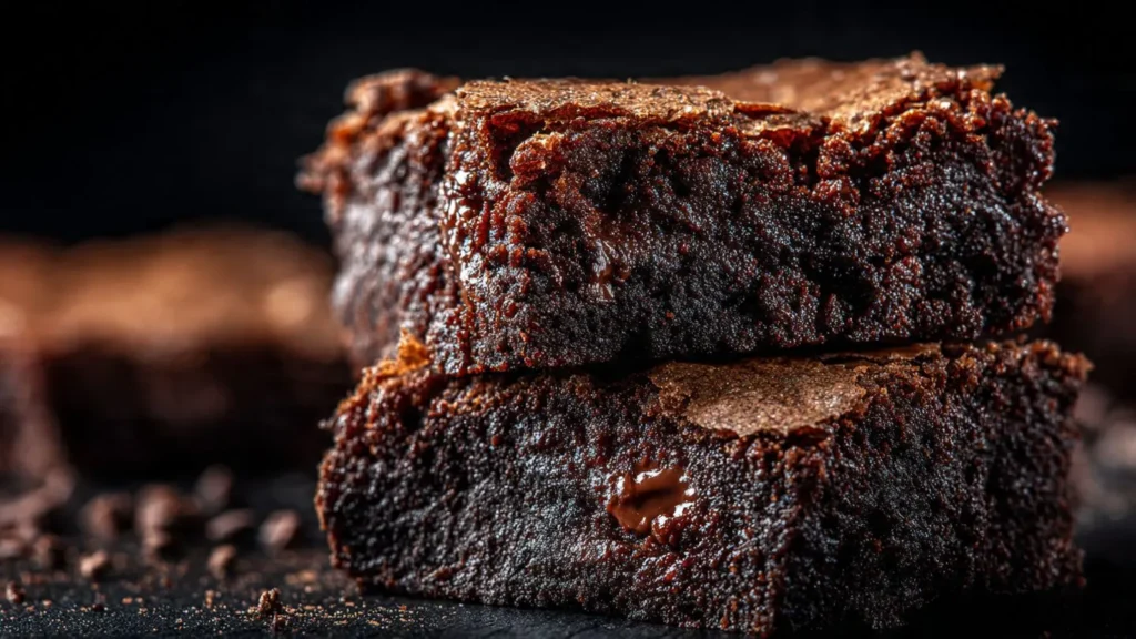 Extreme Nahaufnahme von gestapelten Brownies zeigt die feuchte, fudgy Textur innen und die glänzende, knackige Kruste außen, Schokoladenstückchen sichtbar