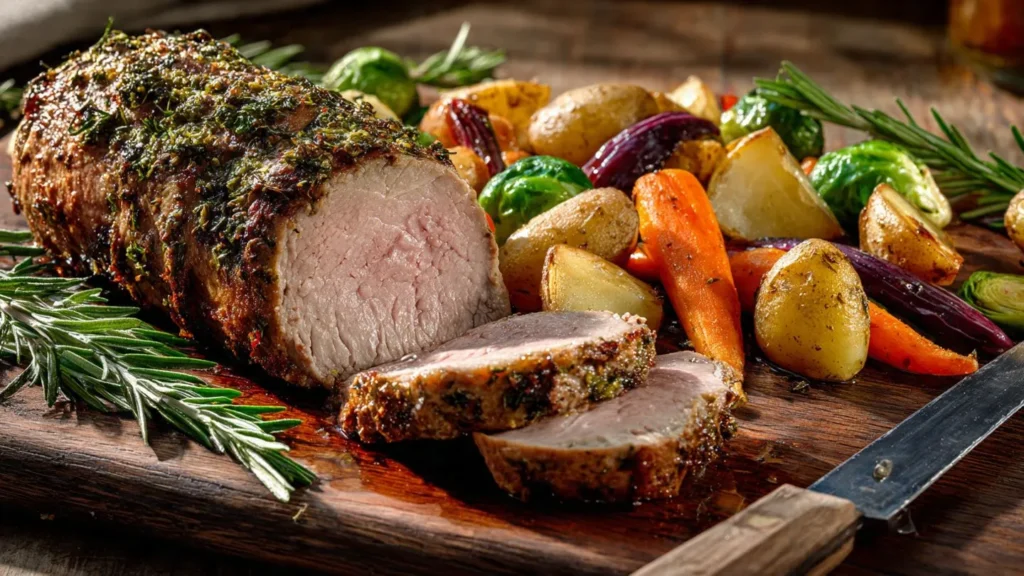 Gebratenes Schweinefilet mit Kräuterkruste auf Holzbrett mit Beilagen