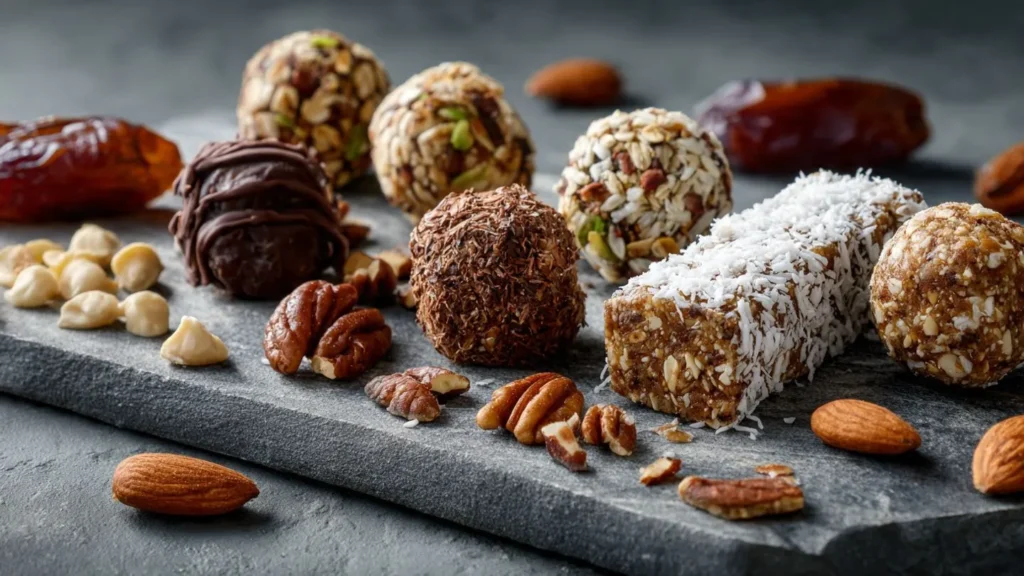 Verschiedene Energy Balls und gesunde Riegel auf Schieferplatte