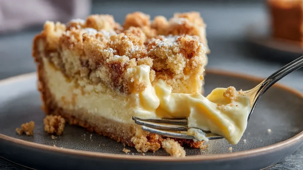 Nahaufnahme von Streuselkuchen-Stück mit cremiger Puddingschicht