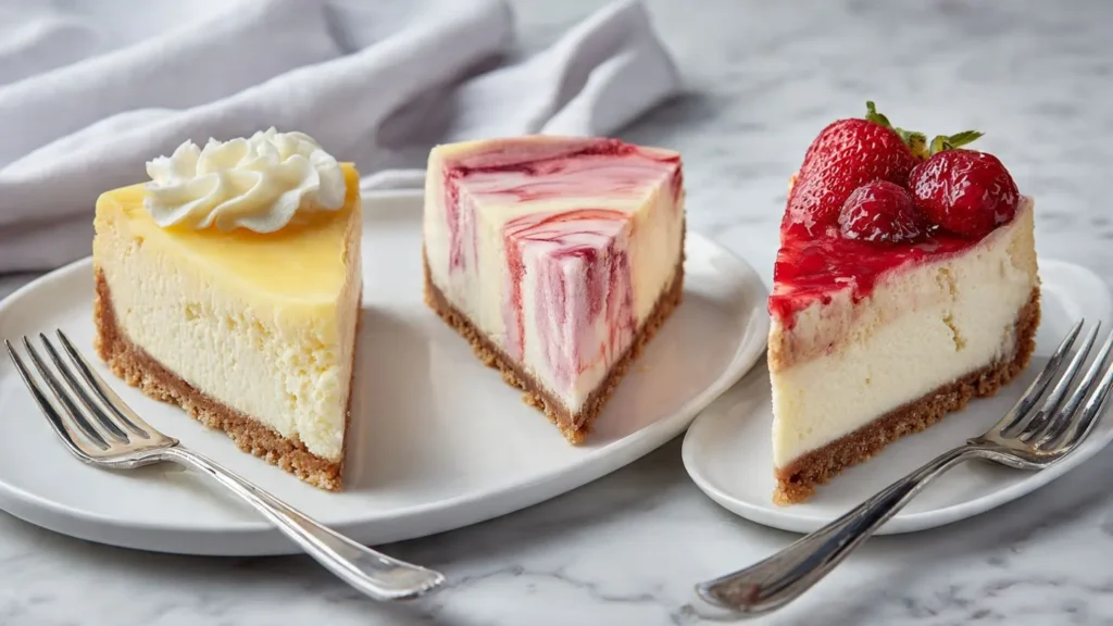 Drei verschiedene Käsekuchen-Sorten nebeneinander auf weißen Tellern