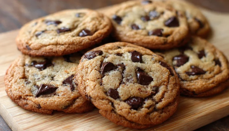Gestapelte Brown Butter Chocolate Chip Cookies mit knuspriger goldbrauner Kruste und schmelzenden Schokoladenstücken