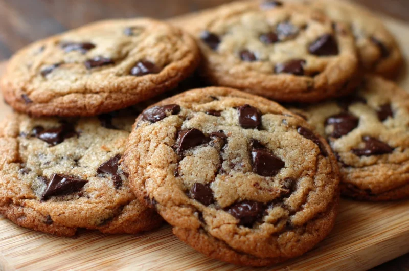 Gestapelte Brown Butter Chocolate Chip Cookies mit knuspriger goldbrauner Kruste und schmelzenden Schokoladenstücken