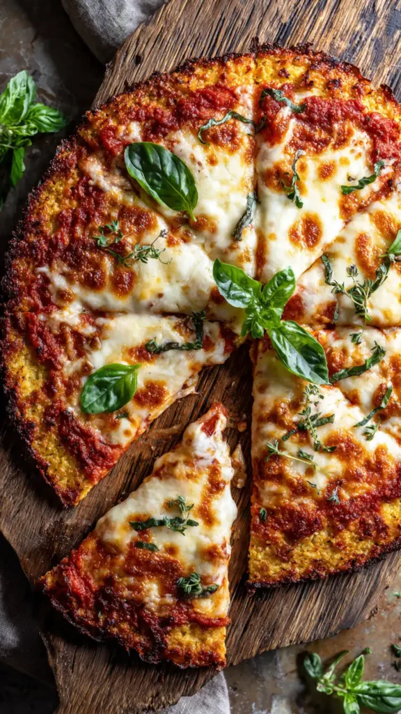 Appetitliche Low Carb Blumenkohl-Pizza mit geschmolzenem Mozzarella, frischem Basilikum und knusprigem Boden. Gesunde Pizza Alternative zum Abnehmen.