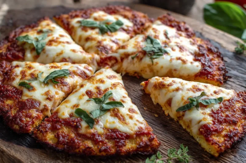 Appetitliche Low Carb Blumenkohl-Pizza mit geschmolzenem Mozzarella, frischem Basilikum und knusprigem Boden. Gesunde Pizza Alternative zum Abnehmen.