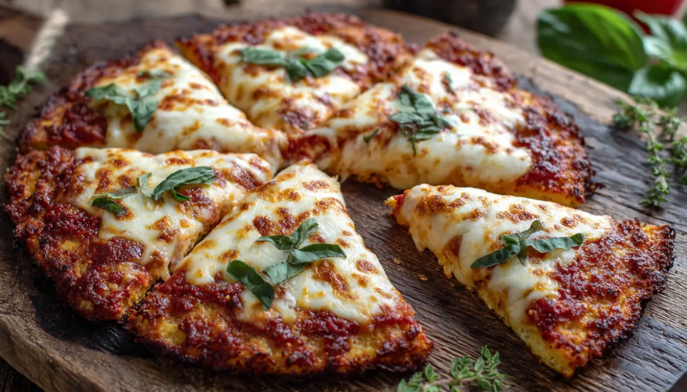 Appetitliche Low Carb Blumenkohl-Pizza mit geschmolzenem Mozzarella, frischem Basilikum und knusprigem Boden. Gesunde Pizza Alternative zum Abnehmen.