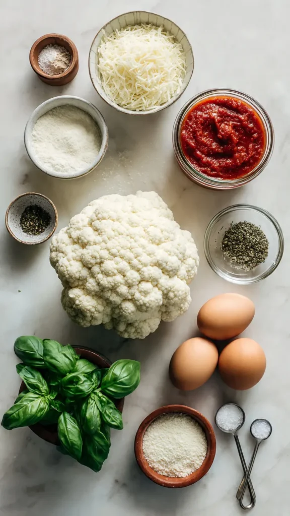 Alle Zutaten für gesunde Blumenkohl-Pizza: frischer Blumenkohl, Mozzarella, Ei, Mandelmehl, passierte Tomaten und Gewürze. Einfaches Low Carb Rezept