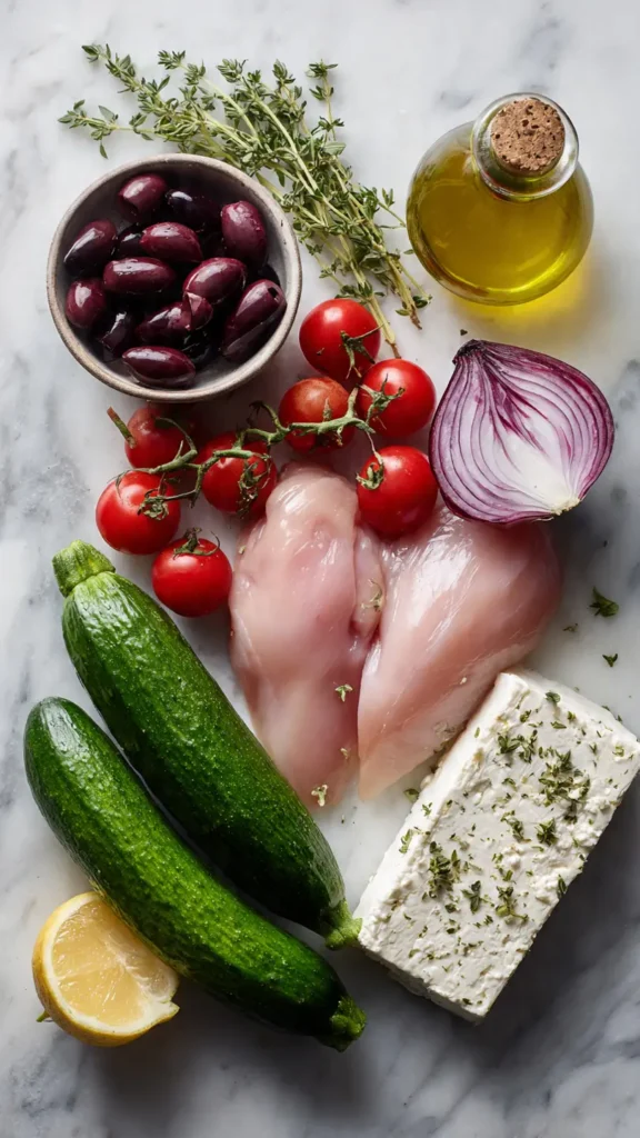 Alle Zutaten für einen proteinreichen griechischen Salat: Hähnchenbrust, Gurke, Tomaten, Feta, Oliven und Olivenöl. Perfekt zum Abnehmen und für gesunde Ernährung