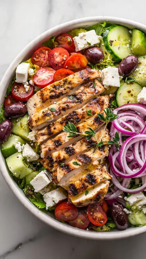 Griechischer Salat mit Hähnchen in weißer Schüssel - proteinreiches Rezept zum Abnehmen