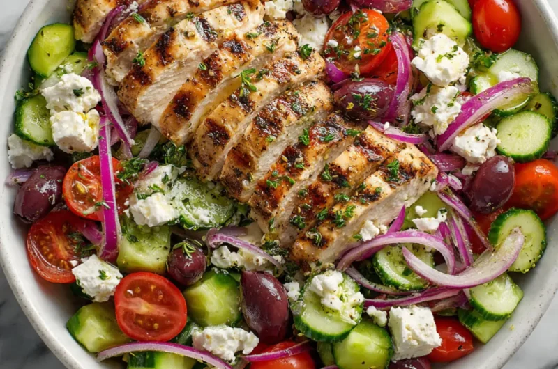 Griechischer Salat mit Hähnchen in weißer Schüssel - proteinreiches Rezept zum Abnehmen