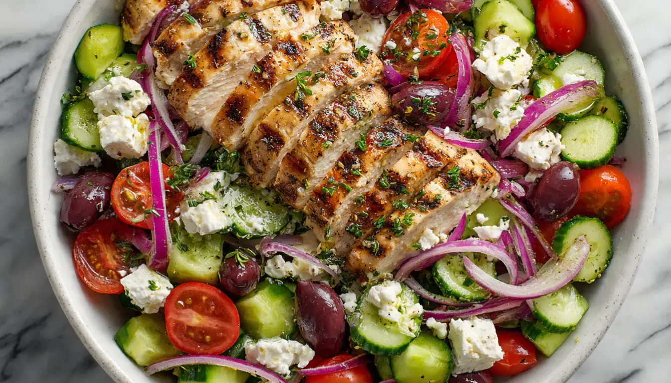 Griechischer Salat mit Hähnchen in weißer Schüssel - proteinreiches Rezept zum Abnehmen
