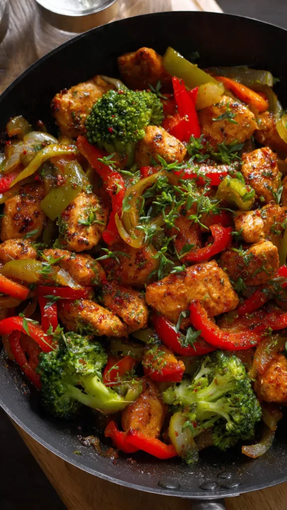 Gesunde Hähnchenpfanne mit Paprika und Brokkoli zum Abnehmen - Low Carb Rezept