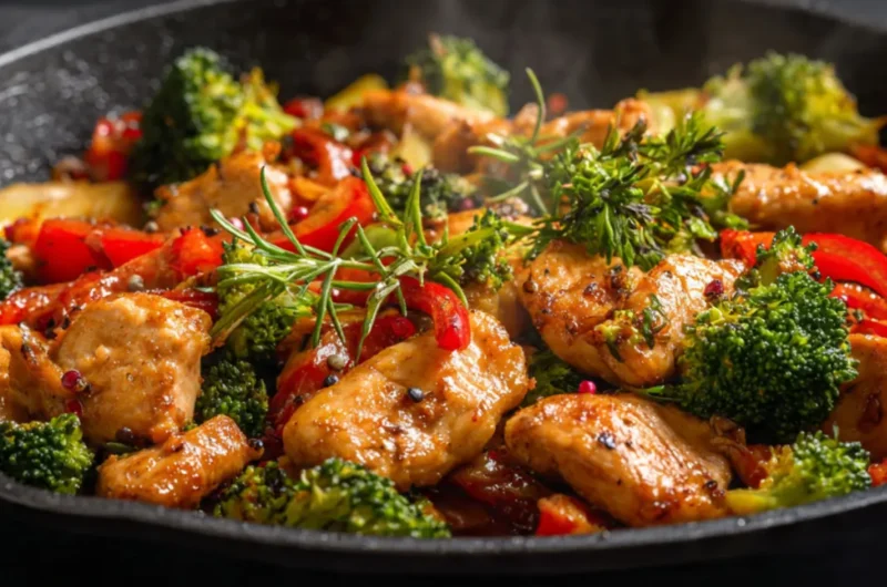 Gesunde Hähnchenpfanne mit Paprika und Brokkoli zum Abnehmen - Low Carb Rezept