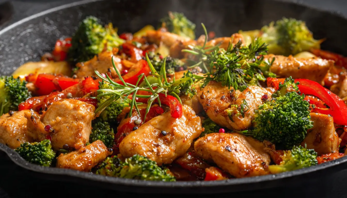 Gesunde Hähnchenpfanne mit Paprika und Brokkoli zum Abnehmen - Low Carb Rezept