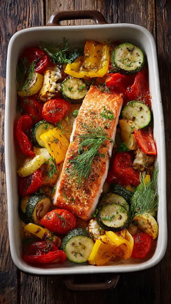 Gebratener Lachs mit buntem Ofengemüse auf Backblech, Low Carb Gericht zum Abnehmen