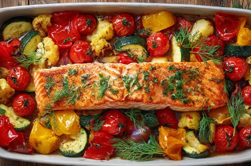 Gebratener Lachs mit buntem Ofengemüse auf Backblech, Low Carb Gericht zum Abnehmen