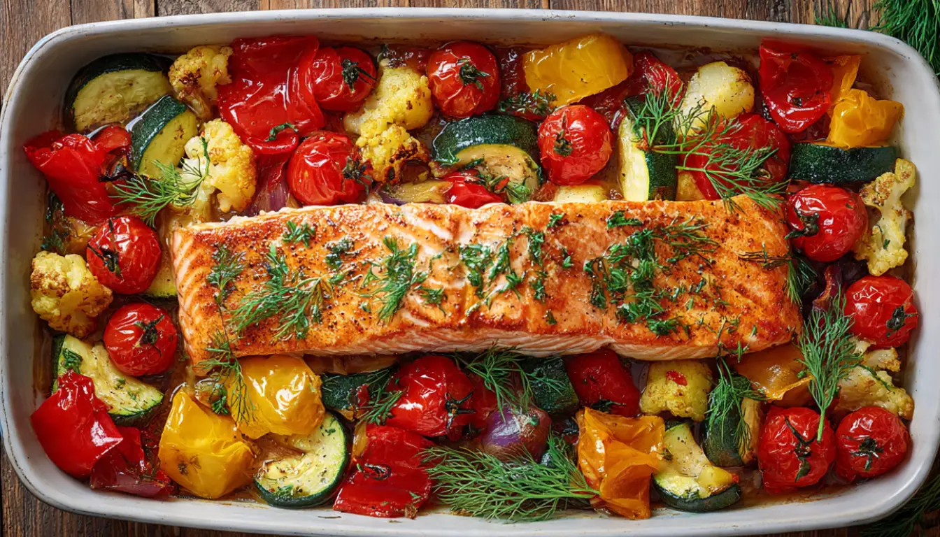 Gebratener Lachs mit buntem Ofengemüse auf Backblech, Low Carb Gericht zum Abnehmen