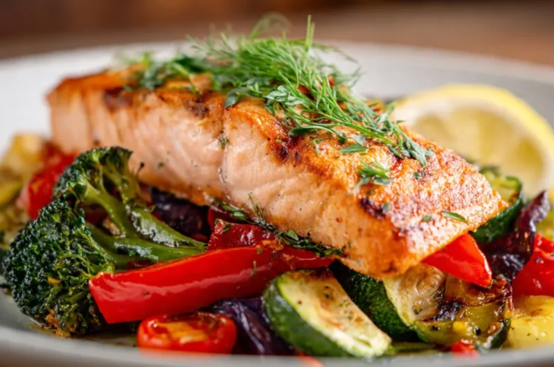 Lachs mit Ofengemüse auf weißem Teller, proteinreiches Low Carb Rezept zum Abnehmen mit geröstetem Brokkoli, Paprika und Tomaten