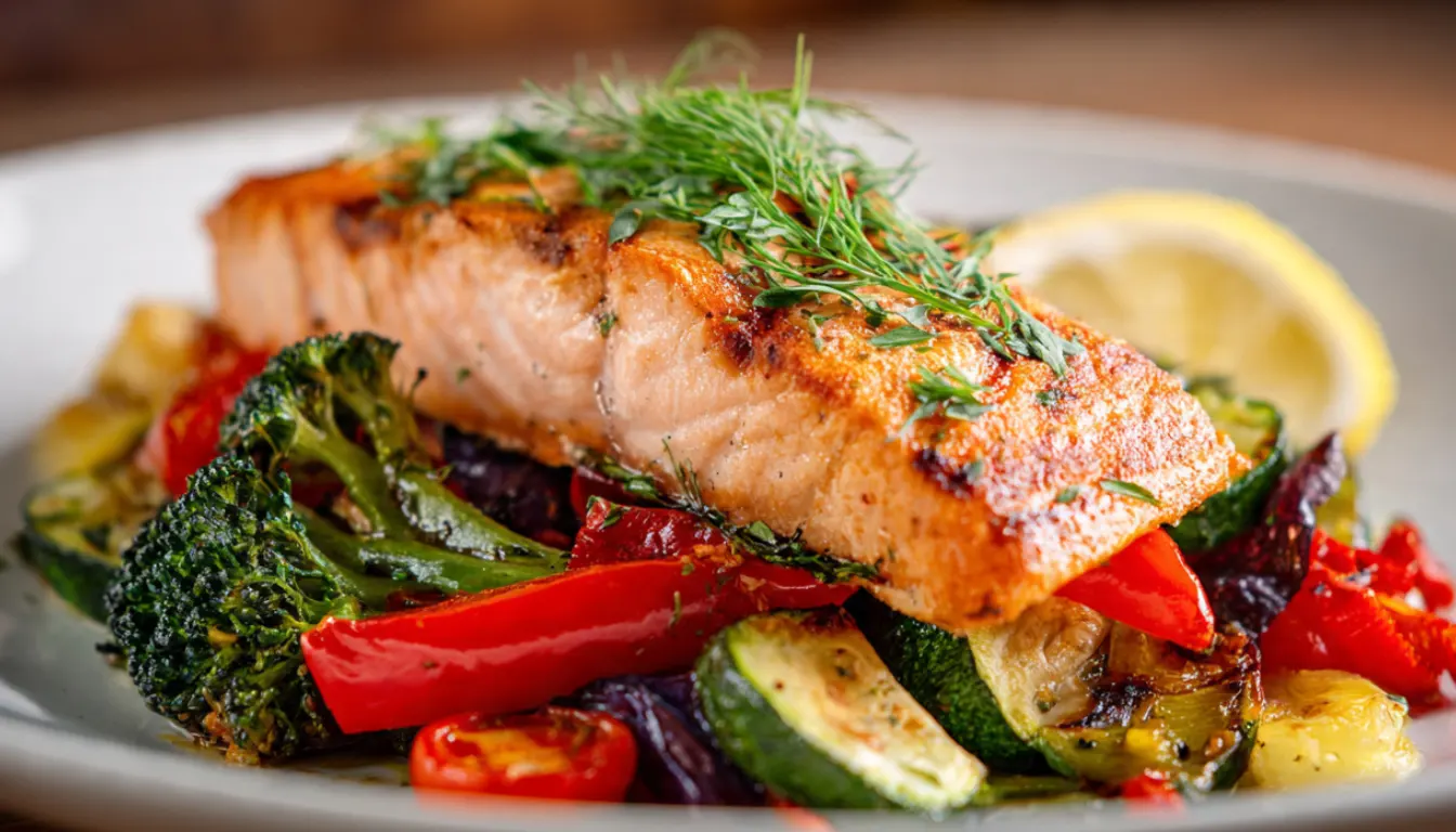 Lachs mit Ofengemüse auf weißem Teller, proteinreiches Low Carb Rezept zum Abnehmen mit geröstetem Brokkoli, Paprika und Tomaten