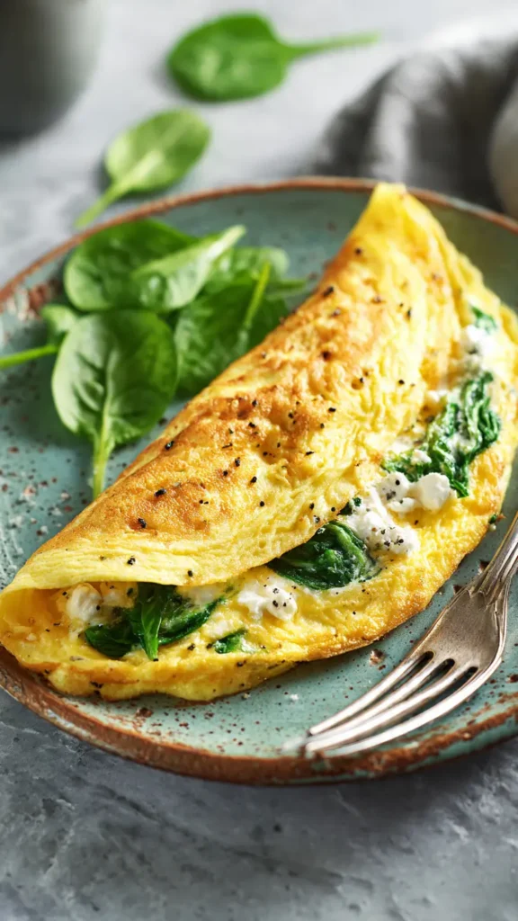 Goldenes Omelett mit frischem Spinat und Feta auf weißem Teller, gesundes proteinreiches Frühstück zum Abnehmen