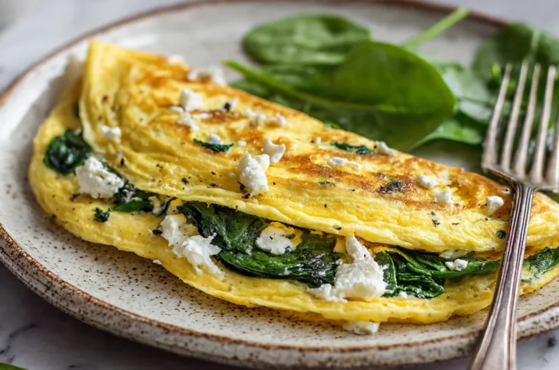 Goldenes Omelett mit frischem Spinat und Feta auf weißem Teller, gesundes proteinreiches Frühstück zum Abnehmen