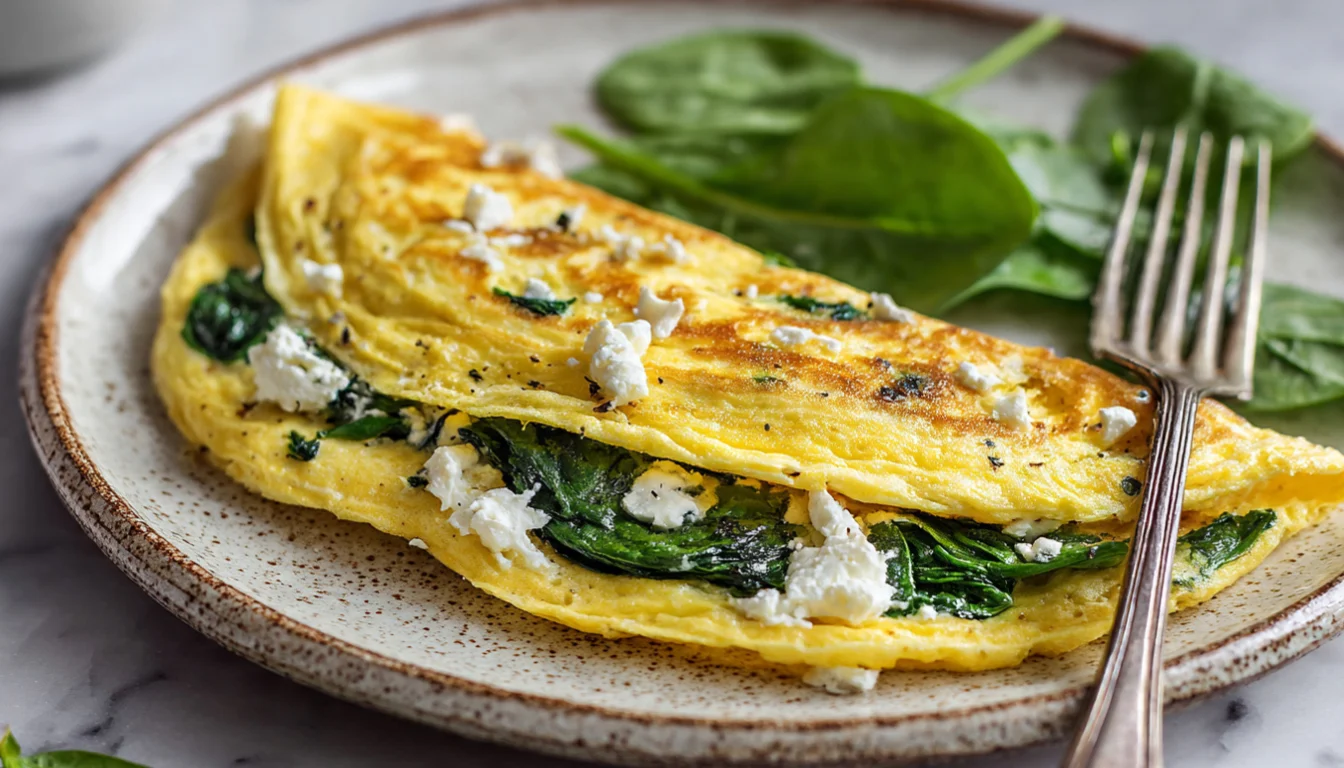 Goldenes Omelett mit frischem Spinat und Feta auf weißem Teller, gesundes proteinreiches Frühstück zum Abnehmen
