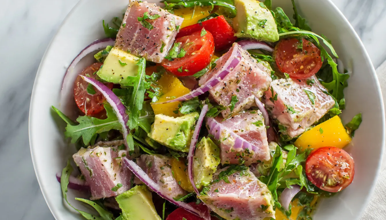 Frischer Thunfisch-Avocado-Salat in weißer Schüssel - proteinreiches Low Carb Rezept zum Abnehmen, fertig in 10 Minuten. Gesunder Salat mit Thunfisch, Avocado, Tomaten und Paprika