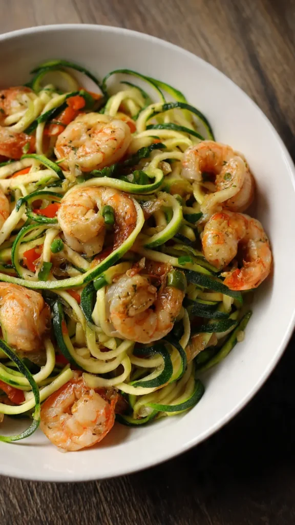 Teller mit Zucchini-Nudeln und gebratenen Garnelen, garniert mit Petersilie und Parmesan - kalorienarmes Low Carb Gericht zum Abnehmen