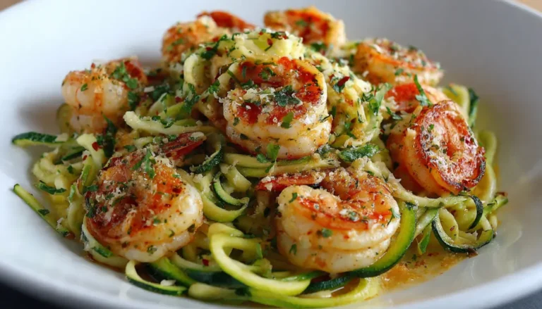 Teller mit Zucchini-Nudeln und gebratenen Garnelen, garniert mit Petersilie und Parmesan - kalorienarmes Low Carb Gericht zum Abnehmen