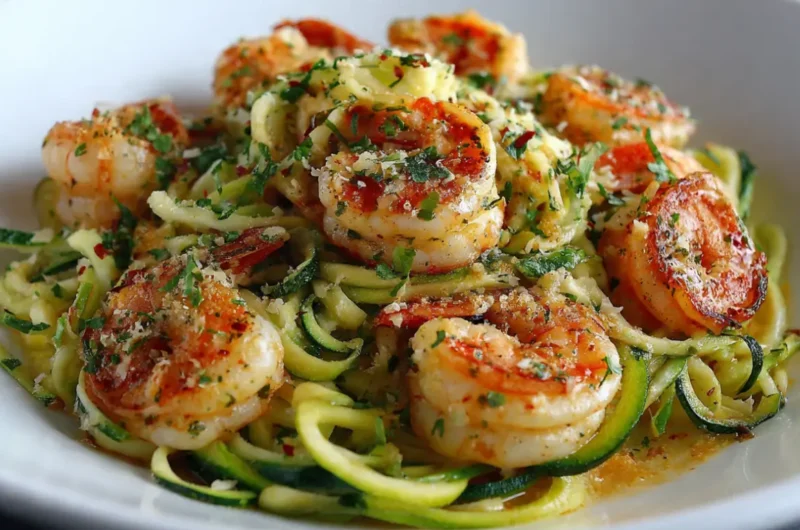 Teller mit Zucchini-Nudeln und gebratenen Garnelen, garniert mit Petersilie und Parmesan - kalorienarmes Low Carb Gericht zum Abnehmen