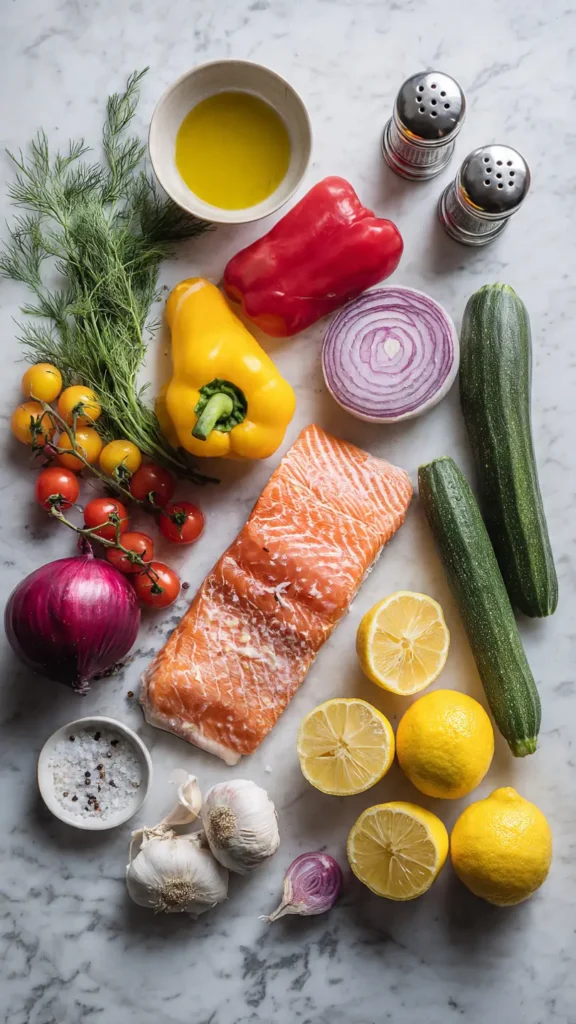 Frische Zutaten für Lachs Rezept: Lachsfilet, Paprika, Zucchini, Tomaten, Zwiebel, Knoblauch und Gewürze