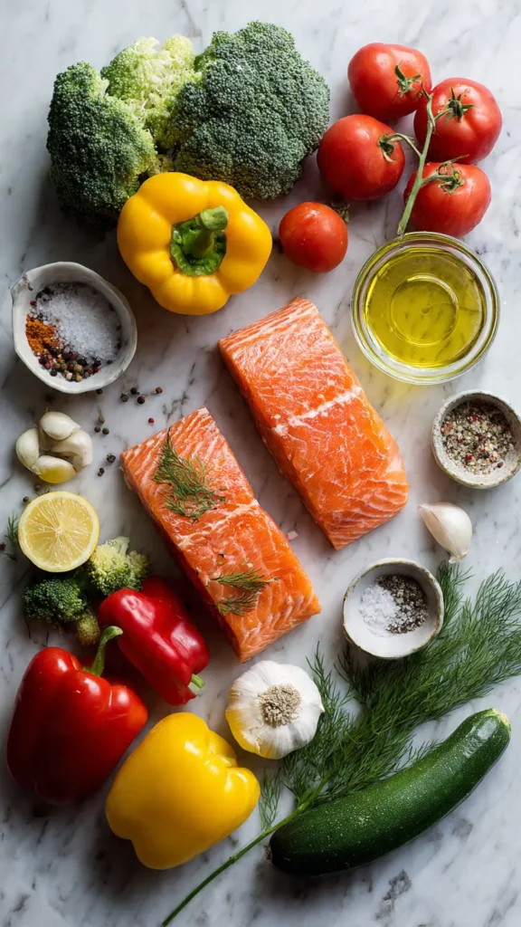 Frische Zutaten für Lachs mit Ofengemüse Rezept: Lachsfilet, Brokkoli, Paprika, Zucchini, Tomaten, Olivenöl und Gewürze