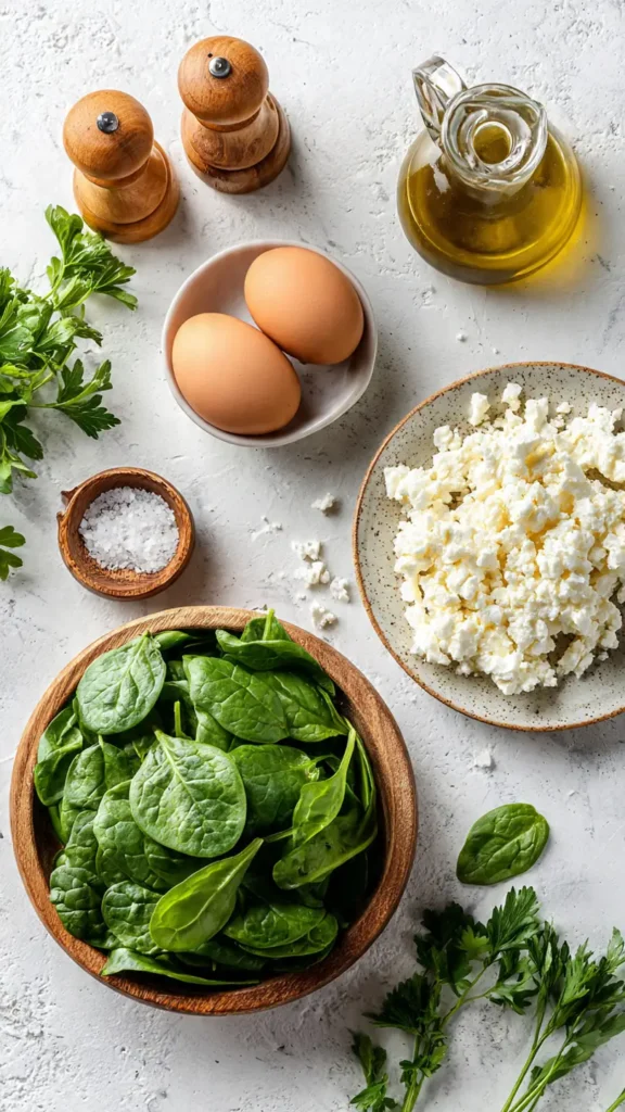 Alle Zutaten für ein gesundes Spinat-Feta-Omelett: Eier, frischer Spinat, Feta-Käse, Olivenöl und Gewürze