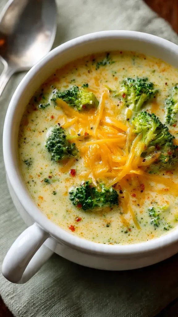 Cremige Brokkoli-Käse-Suppe in weißer Schüssel - kalorienarmes Low Carb Rezept zum Abnehmen. Gesunde, sättigende Suppe mit Cheddar und frischem Brokkoli.