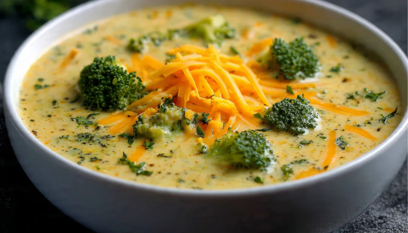 Cremige Brokkoli-Käse-Suppe in weißer Schüssel - kalorienarmes Low Carb Rezept zum Abnehmen. Gesunde, sättigende Suppe mit Cheddar und frischem Brokkoli.