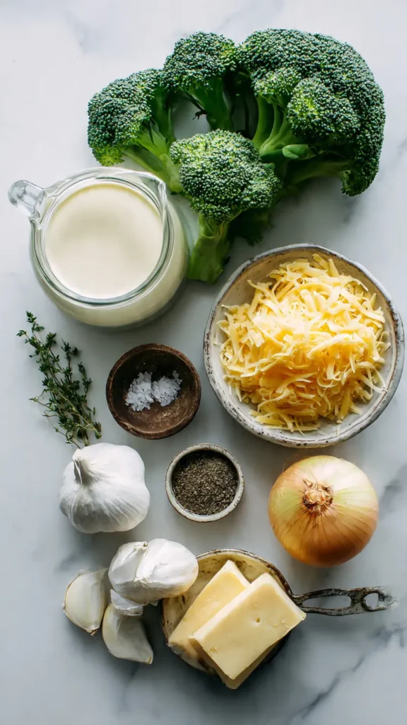 Zutaten für Brokkoli-Käse-Suppe: frischer Brokkoli, Cheddar, Sahne, Zwiebel, Knoblauch und Gewürze. Einfache Einkaufsliste für gesunde Low Carb Suppe.