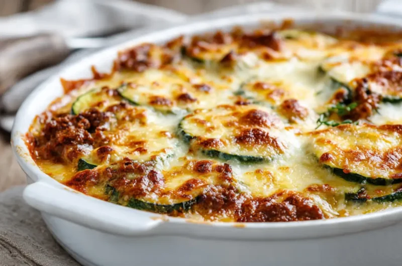 Hackfleisch-Zucchini-Auflauf mit geschmolzenem Käse in Auflaufform - Low Carb Rezept zum Abnehmen