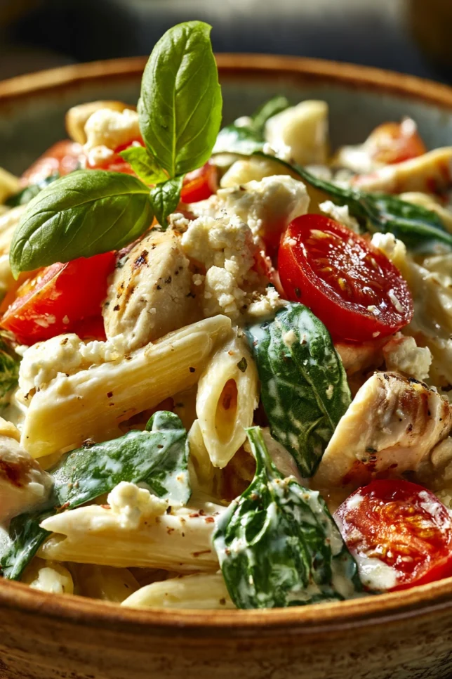 Cremige Pasta mit Hähnchen und Feta in Keramikschüssel, garniert mit frischem Basilikum und Kirschtomaten, schnelles Rezept zum Abnehmen