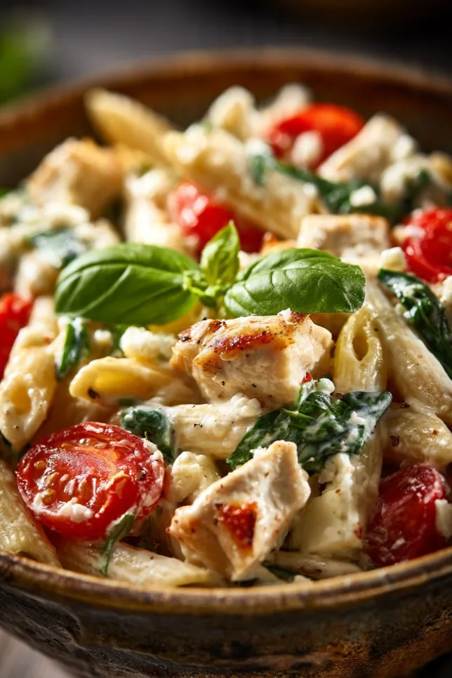 Cremige Pasta mit Hähnchen und Feta in Keramikschüssel, garniert mit frischem Basilikum und Kirschtomaten, schnelles Rezept zum Abnehmen