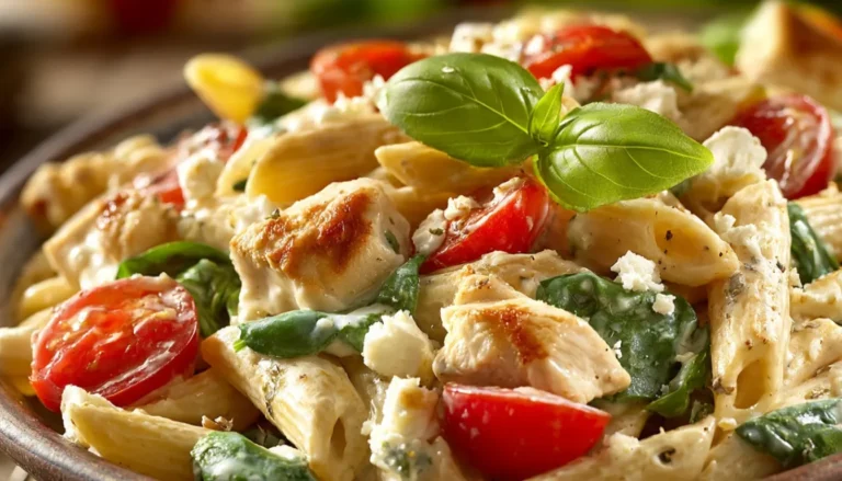 Cremige Pasta mit Hähnchen und Feta in Keramikschüssel, garniert mit frischem Basilikum und Kirschtomaten, schnelles Rezept zum Abnehmen