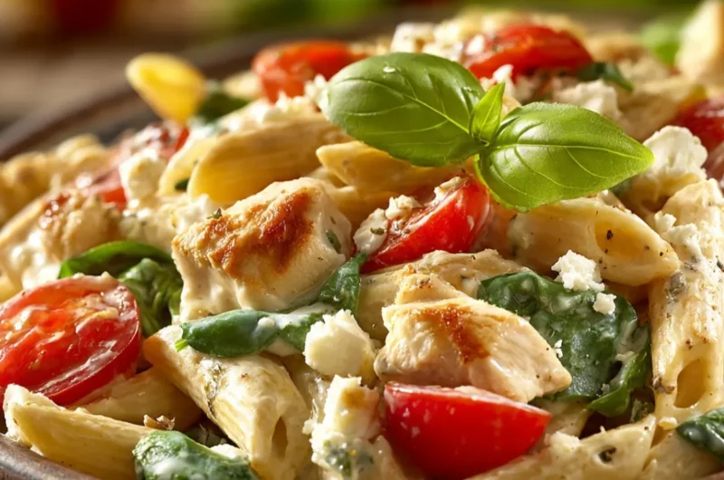Cremige Pasta mit Hähnchen und Feta in Keramikschüssel, garniert mit frischem Basilikum und Kirschtomaten, schnelles Rezept zum Abnehmen