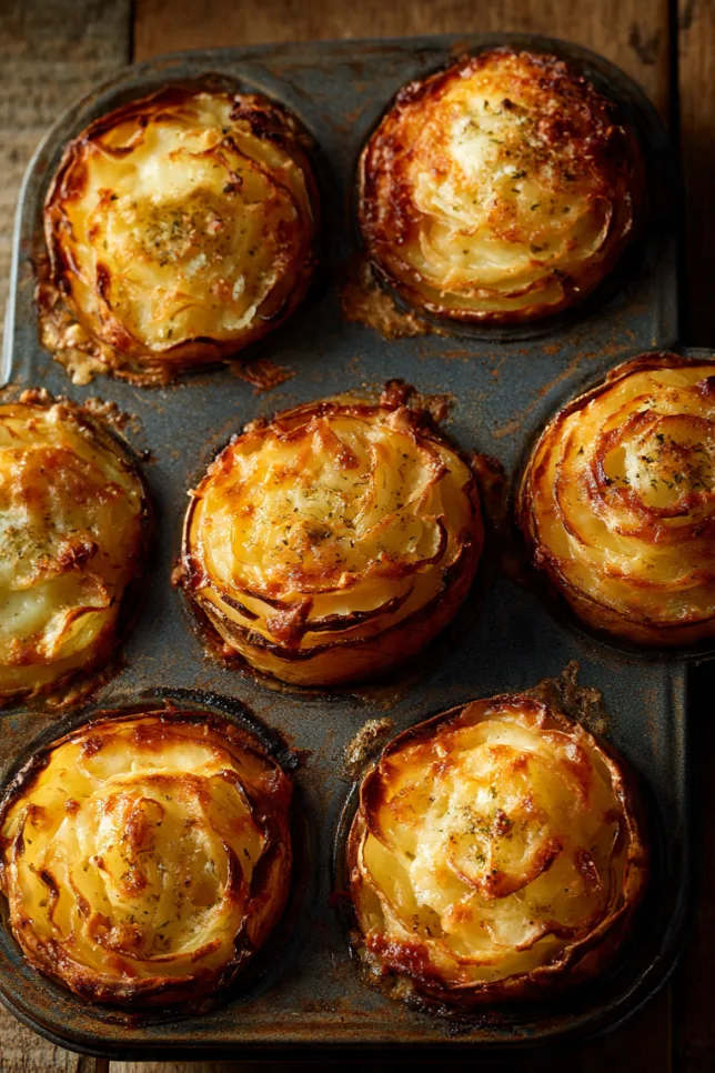 Goldbraune Kartoffelgratin-Türmchen aus der Muffinform, frisch gebacken mit knuspriger Käsekruste