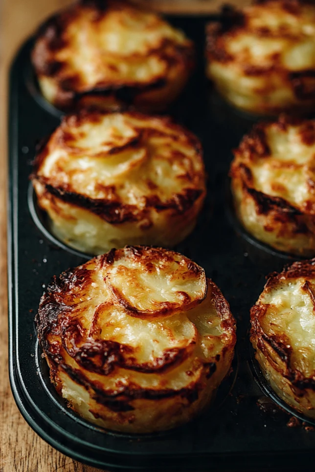 Goldbraune Kartoffelgratin-Türmchen aus der Muffinform, frisch gebacken mit knuspriger Käsekruste