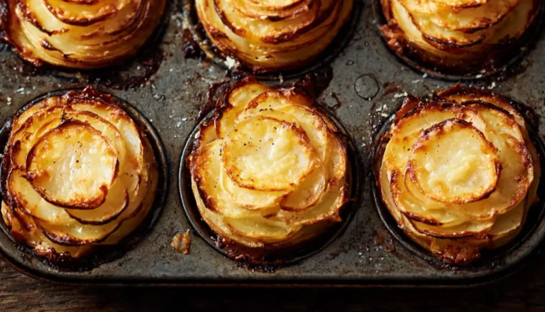 Goldbraune Kartoffelgratin-Türmchen aus der Muffinform, frisch gebacken mit knuspriger Käsekruste