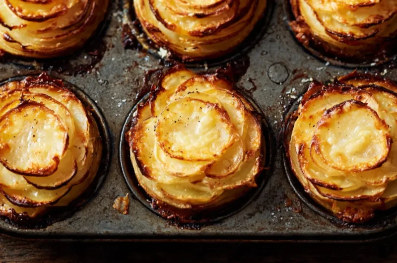 Goldbraune Kartoffelgratin-Türmchen aus der Muffinform, frisch gebacken mit knuspriger Käsekruste