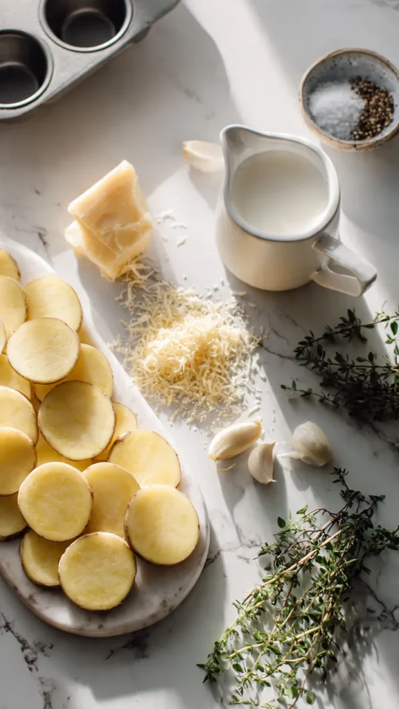 Zutaten für Kartoffelgratin-Türmchen: Kartoffeln, Sahne, Gruyère, Knoblauch und Thymian auf Marmorfläche